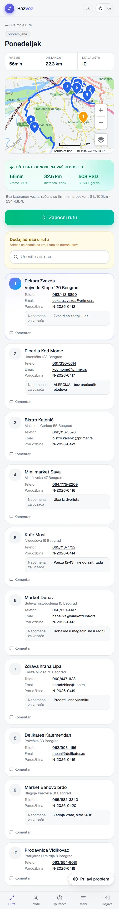 Vozačev ekran: telefon kupca, broj porudžbine i spisak robe za to stajalište.